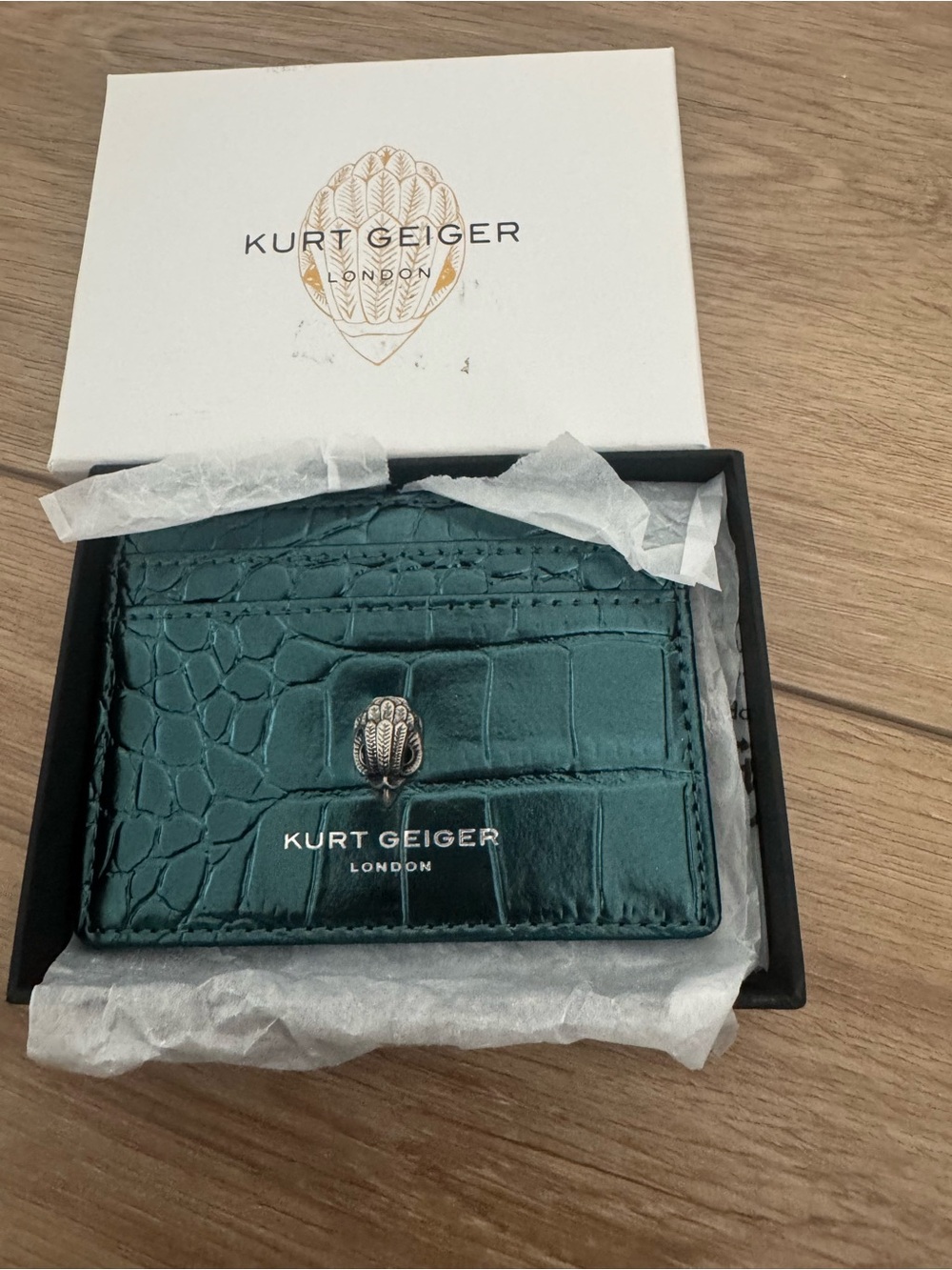 Kurt Geiger Green Croc-Embossed Card Holder with Signature Metal Detail